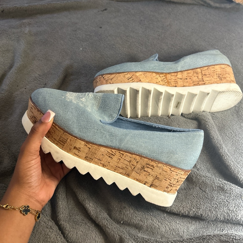 Blue denim platform loafers with cork sole